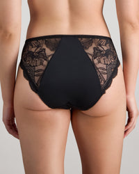 Model wears Aria High Cut Brief in BLACK. On body back view