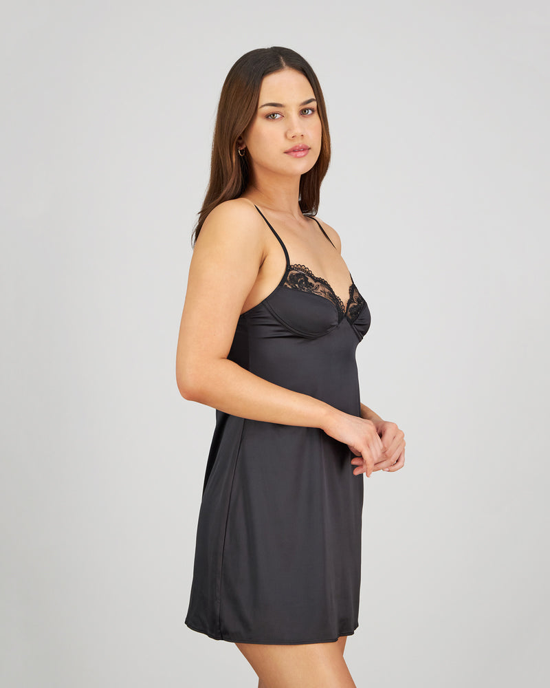 Model wears Romilly Chemise in BLACK. On body side view