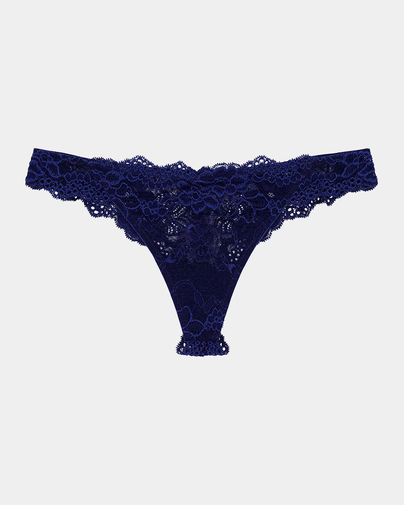 My Fit Lace Thong in Medieval Blue. Flat lay front view