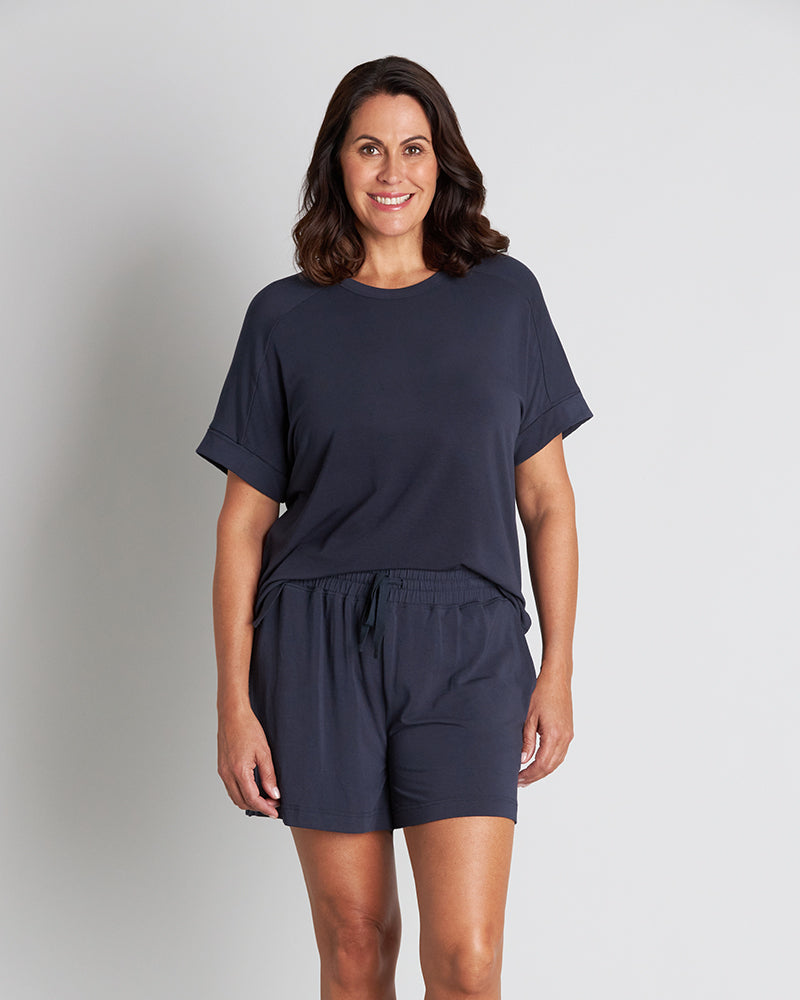 Model wears Sleep-Talk Short Sleeve Top in NIGHT SKY. On body front view