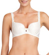 Model wears Damask Contour Bra in CHAMPAGNE. On body front view