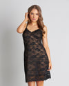 Model wears My Fit Lace Chemise in BLACK. On body front view