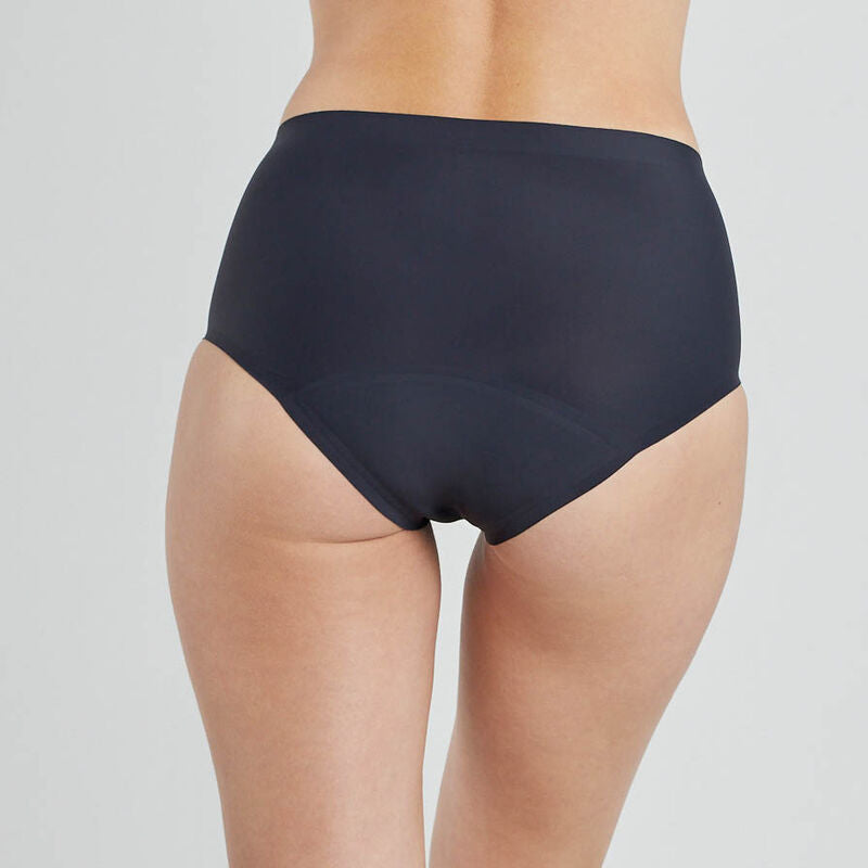 Model wears Flo Heavy Full Brief in BLACK. On body back view