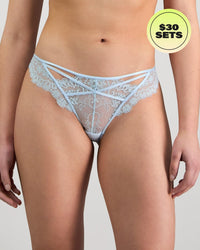 Model wears Jeanie Brazilian in OMPHALODES. On body front view