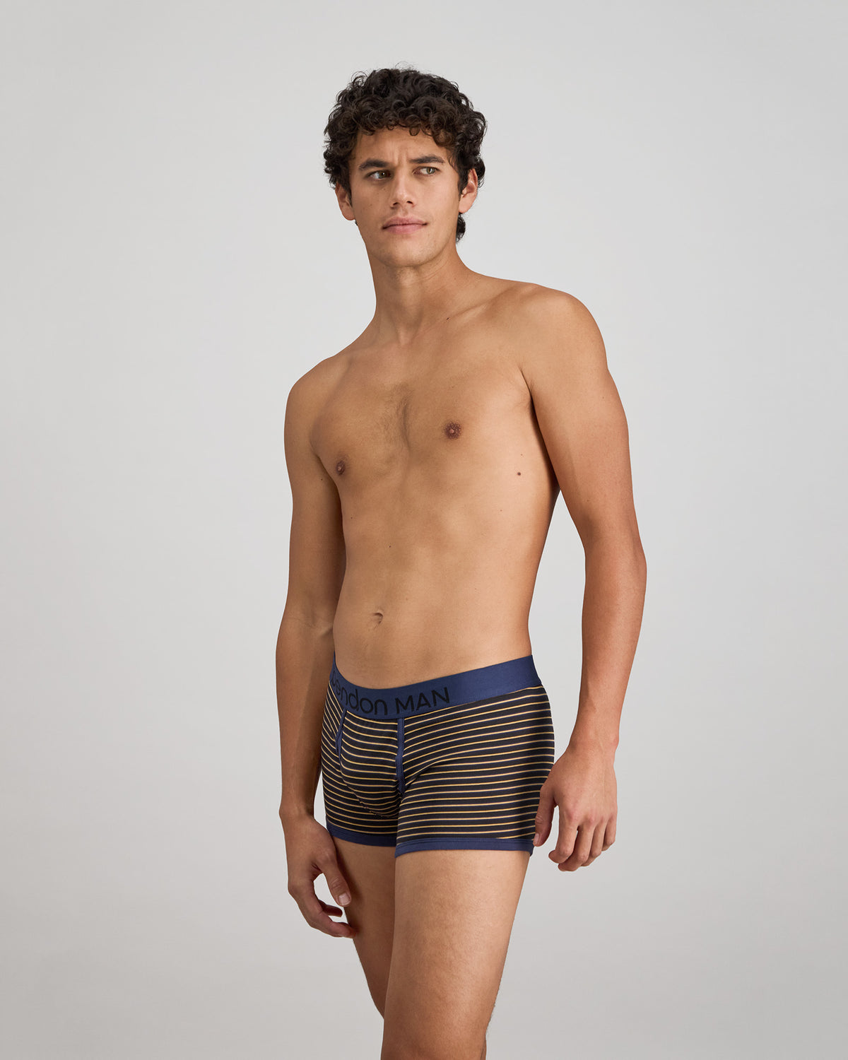 Bold Stripe Mens Trunk in BLACK/OAK BUFF STRIPE. Flat lay back view