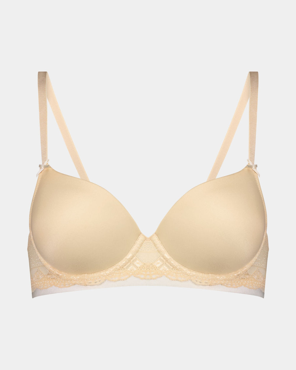 Geometric Lace Contour Bra in TOASTED ALMOND/PRISTINE. Flat lay front view