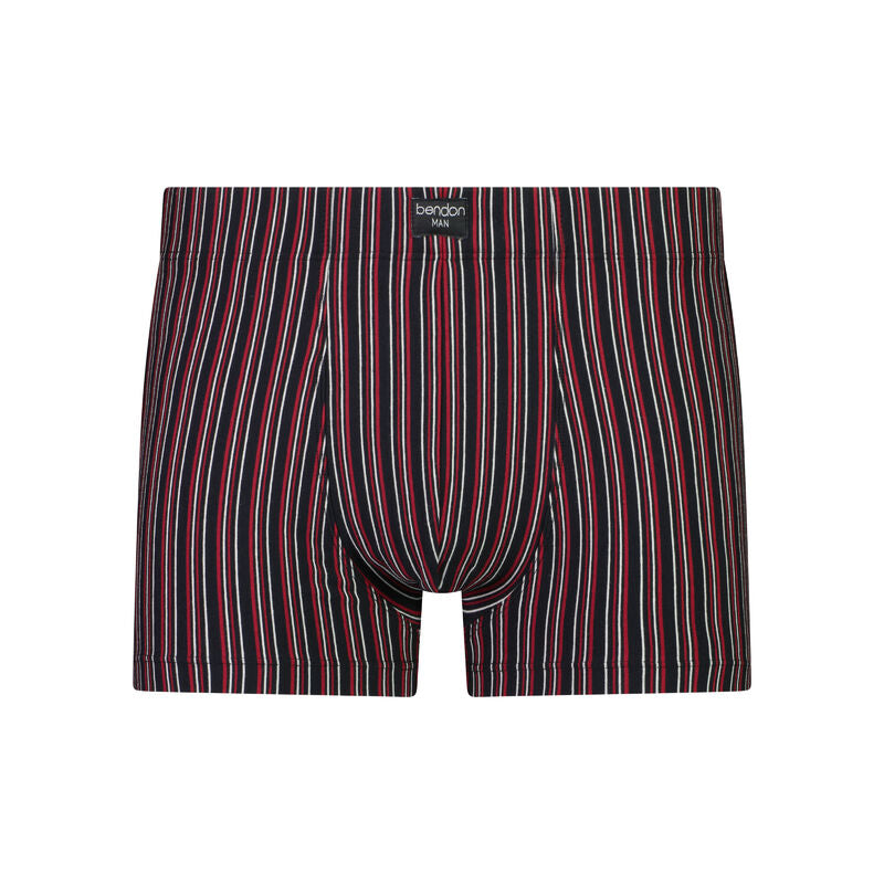 Cotton Stretch Mens Trunk in BLACK/RHUBARB STRIPE. Flat lay front view