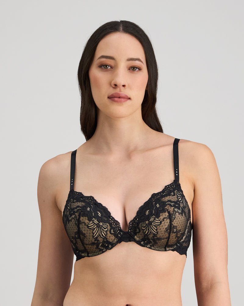 Model wears My Fit Lace Push Up Bra in BLACK. On body front view