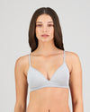 Model wears Simply Seamless Wire Free Bra in GREY MARL/WHITE STRIPE. On body front view