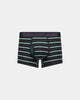 Bold Stripe Mens Trunk in BLACK/RAIN FOREST STRIPE. Flat lay front view