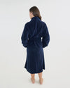 Model wears Cardrona Robe in NAVY BLAZER. On body back view