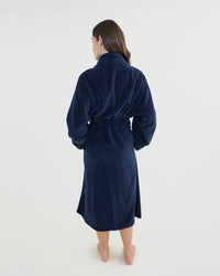 Model wears Cardrona Robe in NAVY BLAZER. On body back view