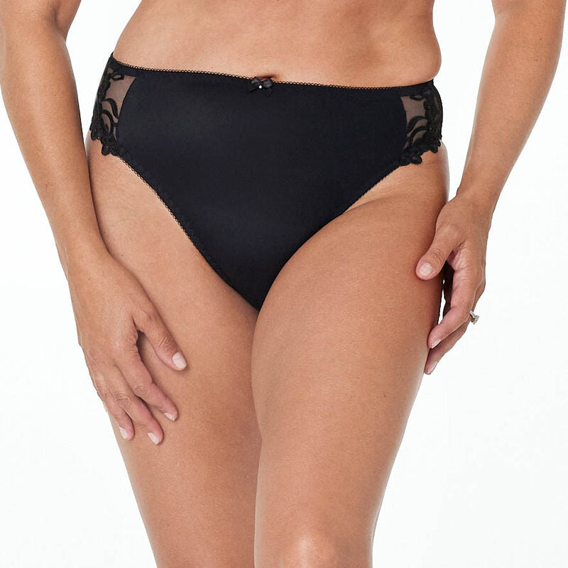Model wears Coral High Cut Brief in BLACK. On body front view