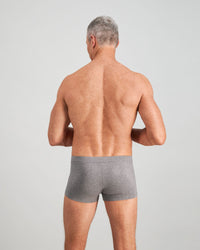 Model wears High Tech Cotton Mens Trunk in GREY MARL. On body back view