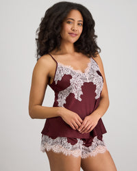Model wears Sweet Indulgence Cami & Short Set in FIG/PALE LILAC. On body side view
