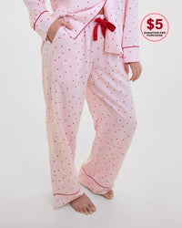 Model wears Hearts In Cabana Long Pj Pant in MINI HEART PRINT. On body front view