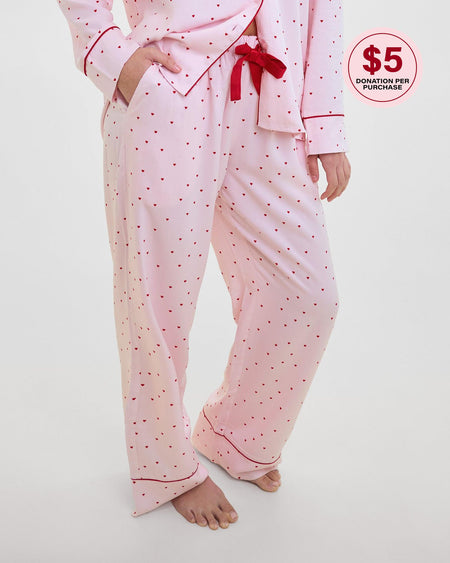 Model wears Hearts In Cabana Long Pj Pant in MINI HEART PRINT. On body front view