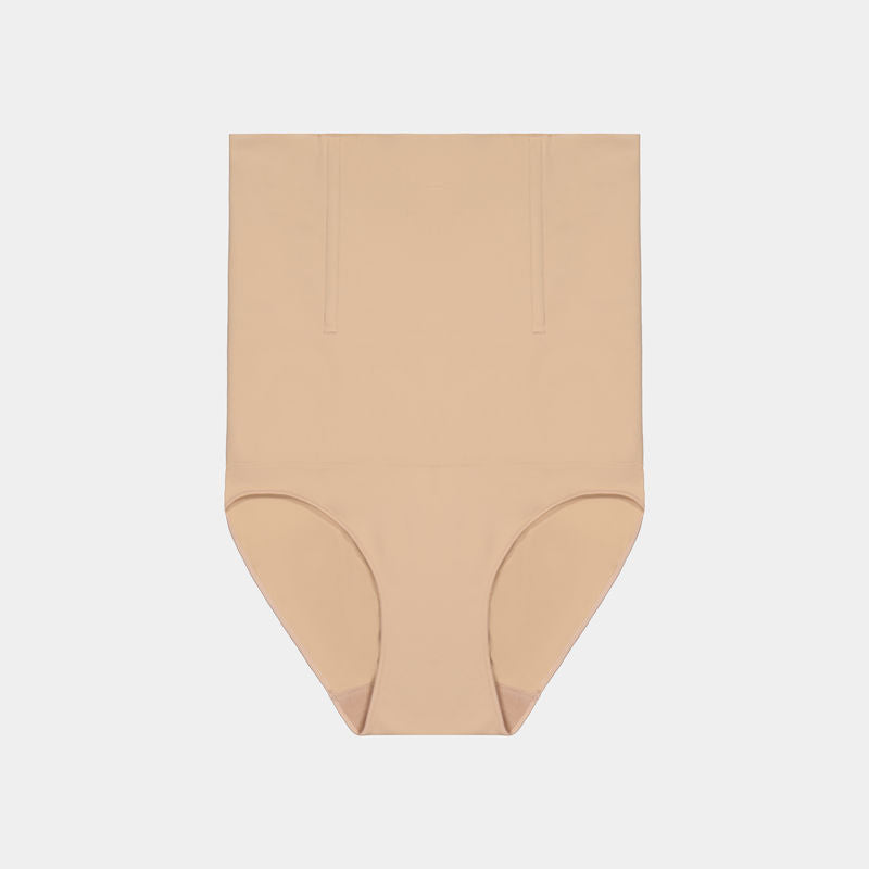 Medium Control High Waisted Brief in CARAMEL. Flat lay front view