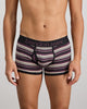 Model wears Bold Stripe Mens Trunk in BLACK/PLUM STRIPE. On body front view