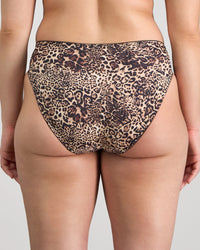 Model wears Violet Floral High Cut Brief in MYTHOS ANIMAL PRINT. On body back view