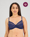Model wears Eternal Underwire Bra in Medieval Blue. On body front view