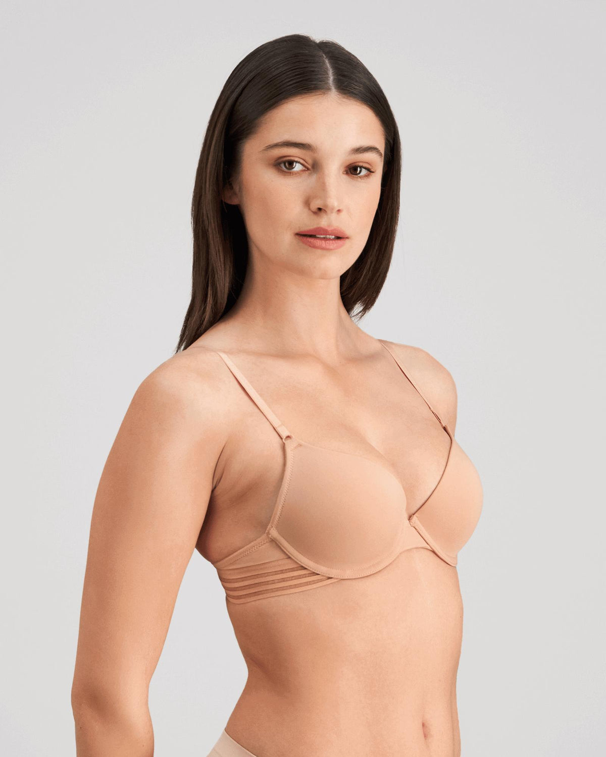 Model wears Stripe Elastic & Papertouch Push Up Bra in TUSCANY. On body side view