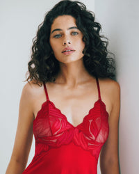 Model wears Siesta Chemise in JESTER RED. On body side view
