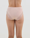 Model wears Cotton And Lace Full Brief in LATTE. On body back view