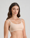 Model wears Extra-Ordinary Crop Top in LATTE. On body side view