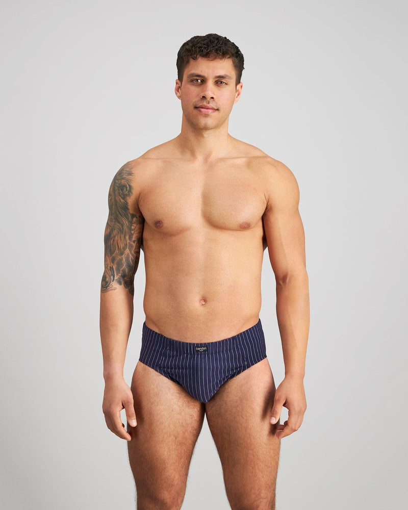 Cotton Stretch Mens Brief in PEACOAT PINSTRIPE. Feature shot