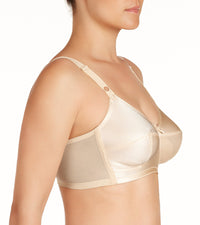Model wears Rigid Soft Cup Wire Free Bra in HONEY BEIGE. On body side view