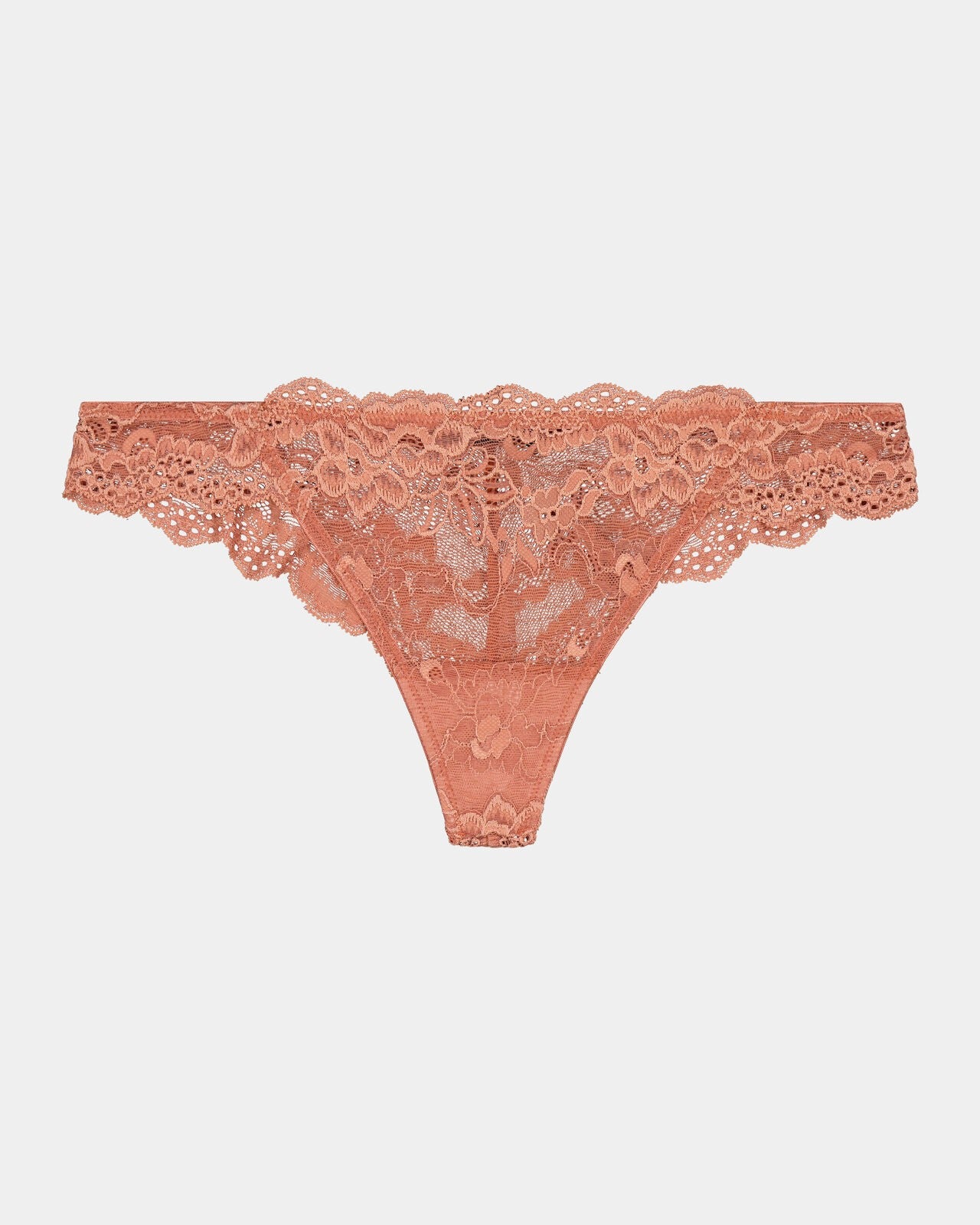 My Fit Lace Thong in CINNAMON. Flat lay front view