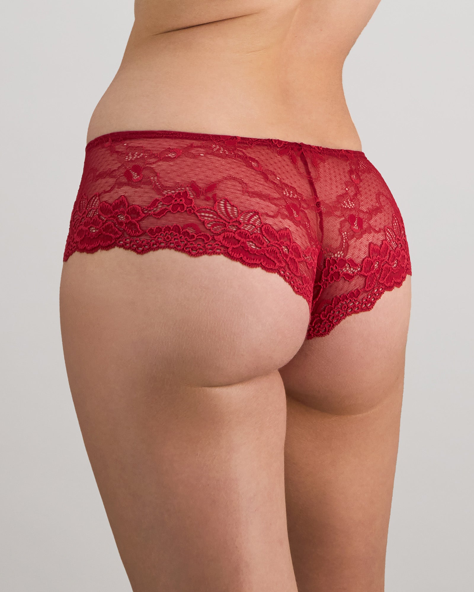 My Fit Lace Brazilian in JESTER RED. Flat lay back view