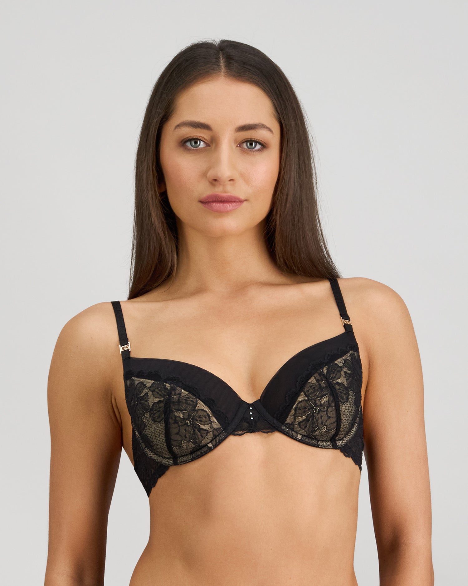 Model wears Lace Impact Contour Bra in BLACK. On body front view