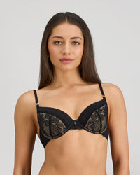 Model wears Lace Impact Contour Bra in BLACK. On body front view