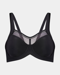 Bendon Sport Underwire Bra in BLACK/SILVER. Flat lay front view