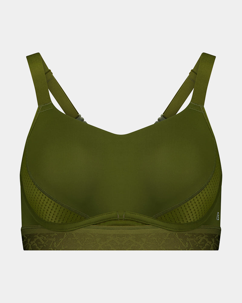 Bendon Breathe Contour Bra in DARK OLIVE/PINK. Flat lay front view