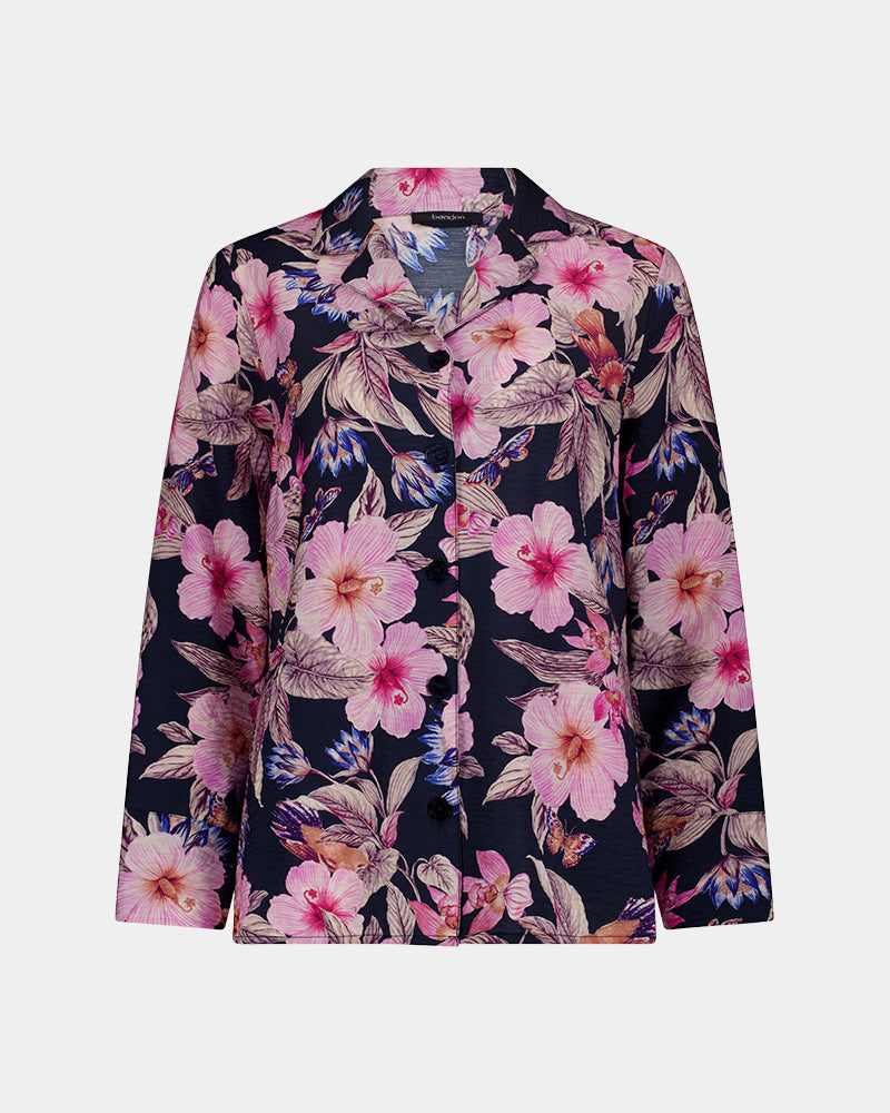 Mihika Sleeping Long Sleeve PJ Top in HONOLULU HAZE PRINT. Flat lay front view