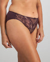 Model wears Vivacious High Cut Brief in PLUM PERFECT/LATTE. On body side view