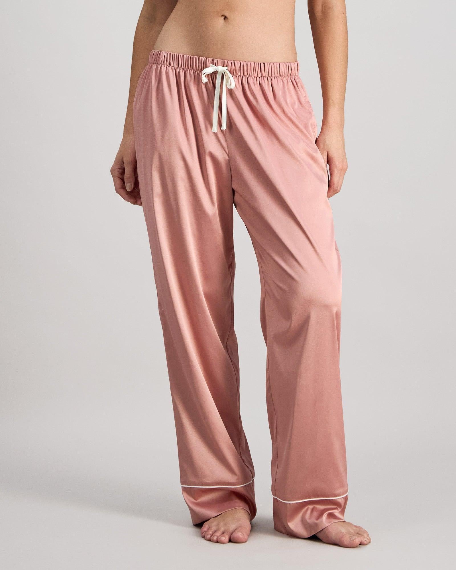 Model wears Holly Long PJ Pant in ASH ROSE. On body front view
