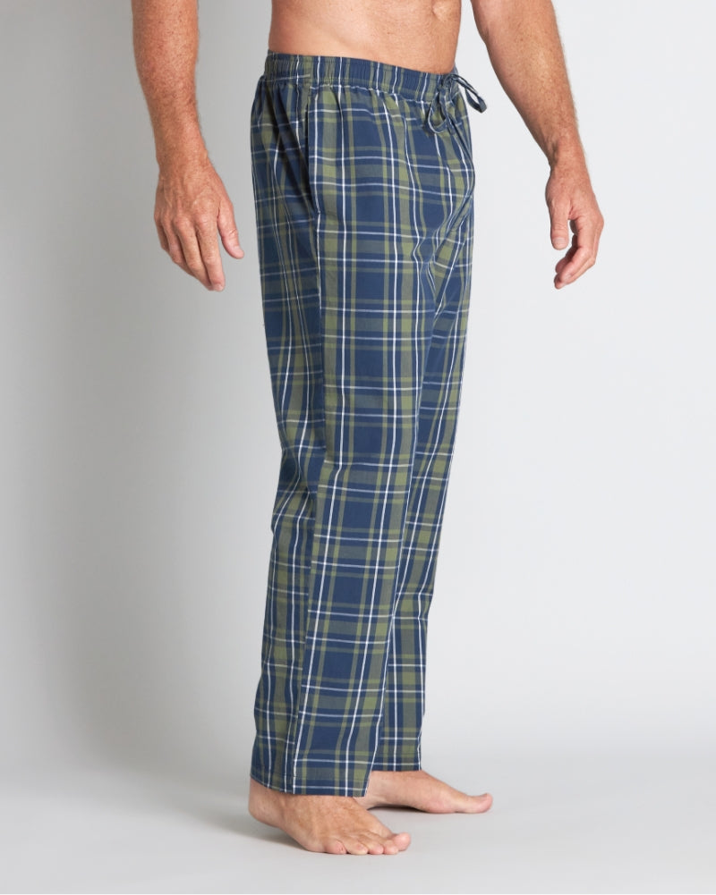Model wears Lounge Long PJ Pant in ALOE CHECK. On body side view