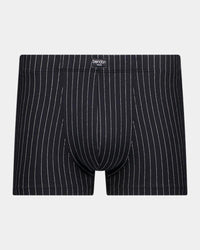 Cotton Stretch Mens Trunk in BLACK PINSTRIPE. Flat lay front view