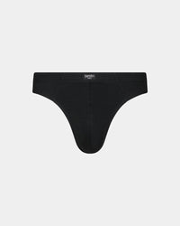 Cotton Stretch Mens Thong in BLACK. Flat lay front view