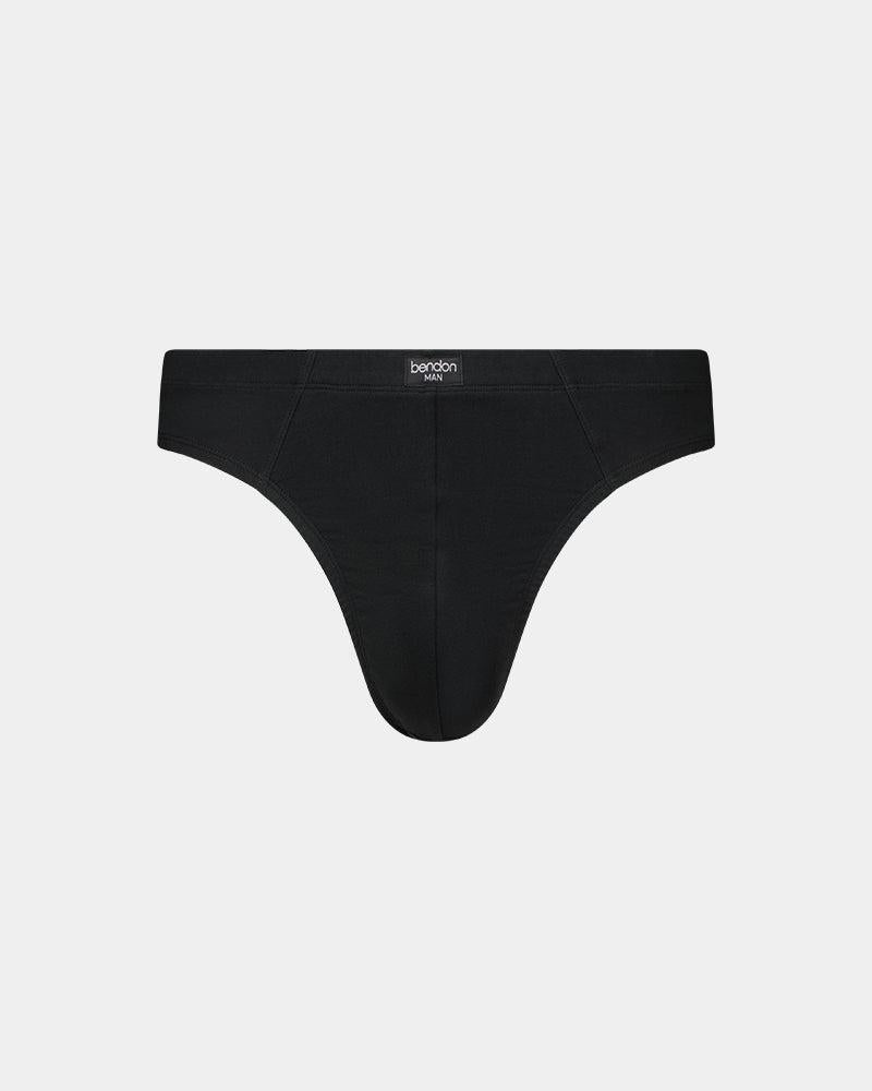 Cotton Stretch Mens Thong in BLACK. Flat lay front view