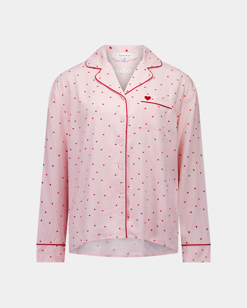 Hearts In Cabana Long Sleeve Pj Top in MINI HEART PRINT. Flat lay front view
