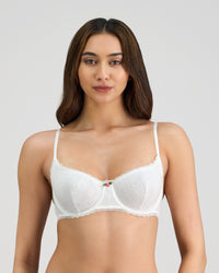 Model wears Body Cocoon Underwire Bra in WHITE. On body front view