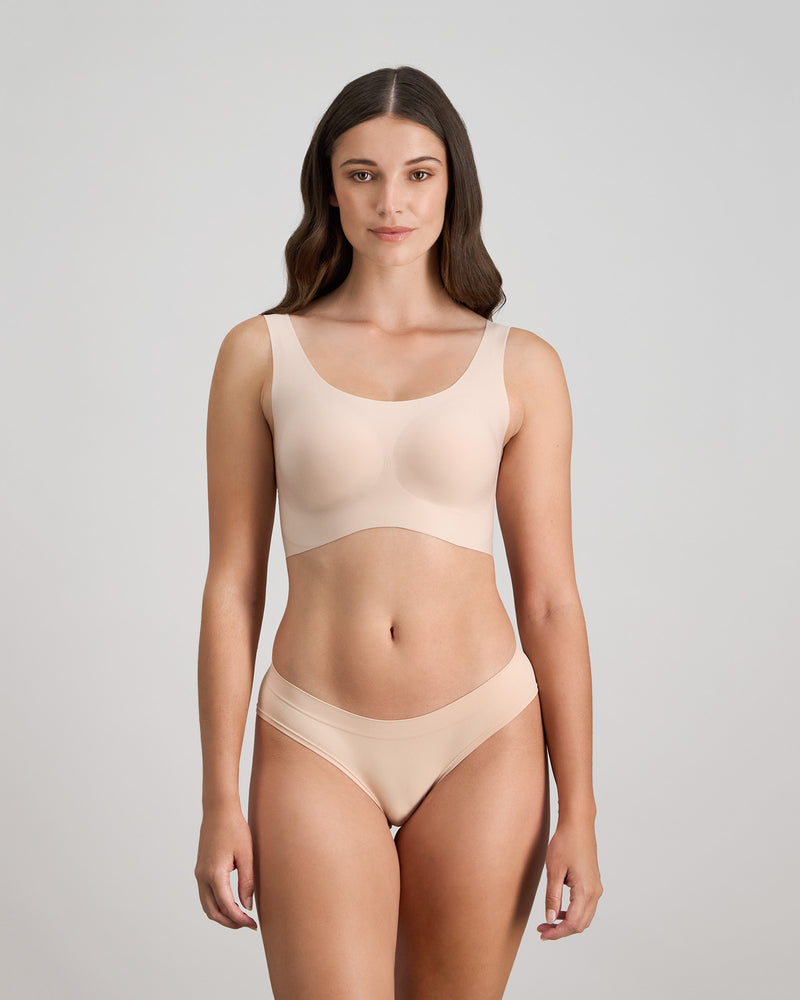 Comfit Collection Crop Top in LATTE. Feature shot