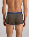 Model wears Bold Stripe Mens Trunk in BLACK/OAK BUFF STRIPE. On body back view