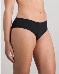 Model wears My Fit Smooth Brazilian in BLACK. On body side view