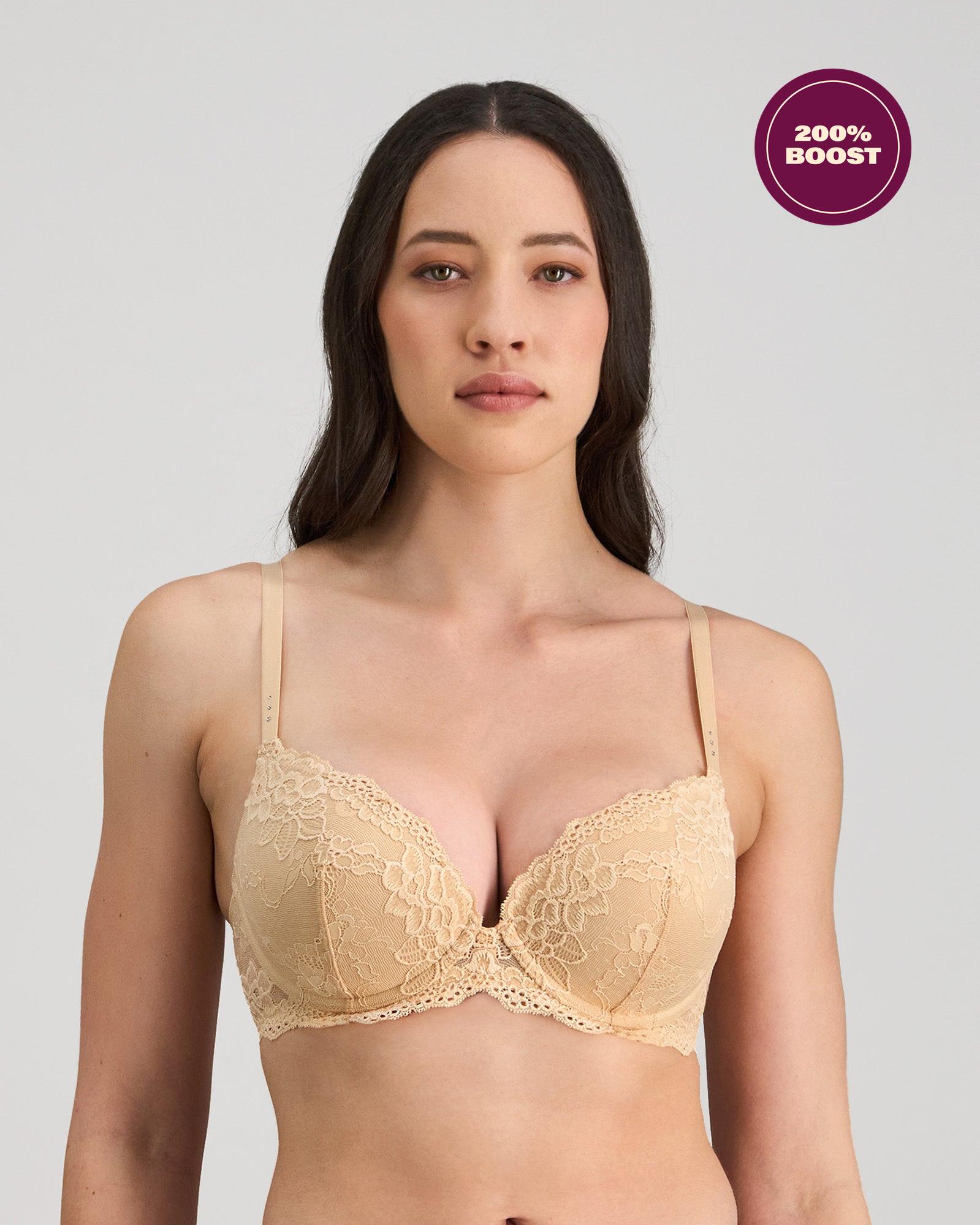 Model wears My Fit Lace Push Up Bra in FRAPPE. On body front view